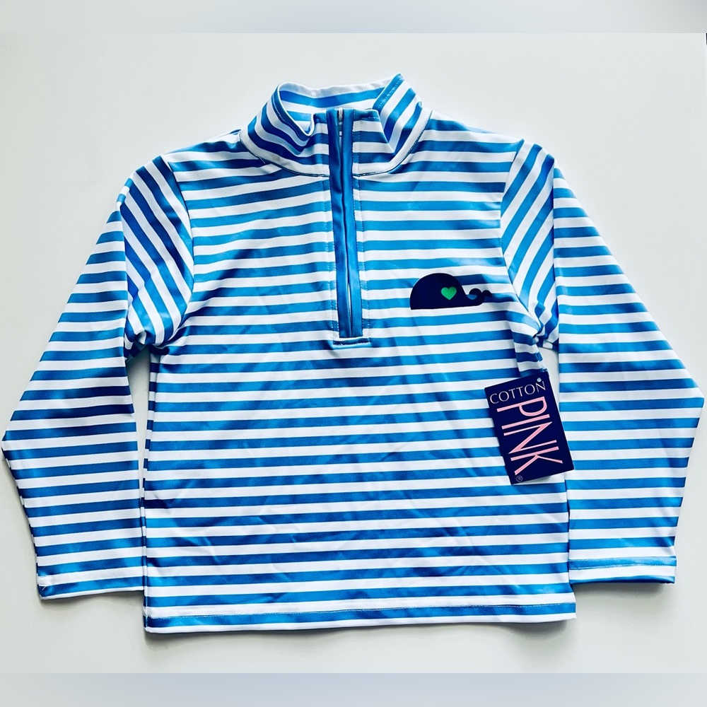 Cotton Pink girls white blue stripe swim rash guard whale  green heart zip 4